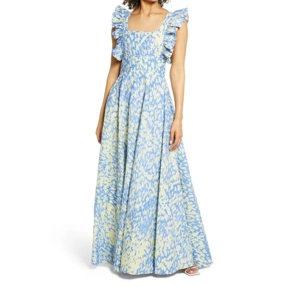 Sika Efe Cotton Maxi Dress Blue Yellow Abstract Square Neck Ruffle Pinafore 6